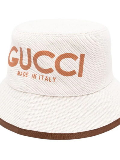 Gucci Made in Italy Print Beige Canvas Bucket Hat