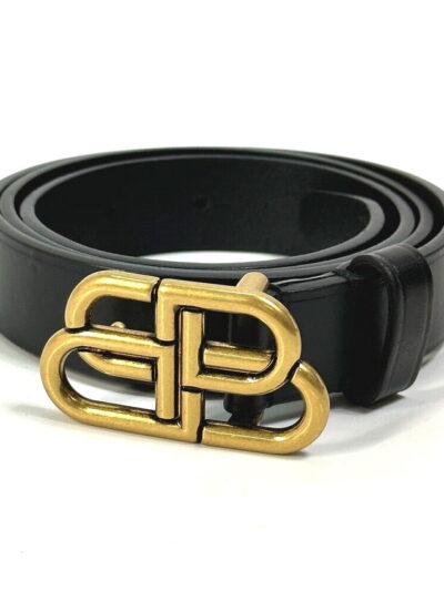 Balenciaga BB Logo Gold Buckle Black Leather Belt