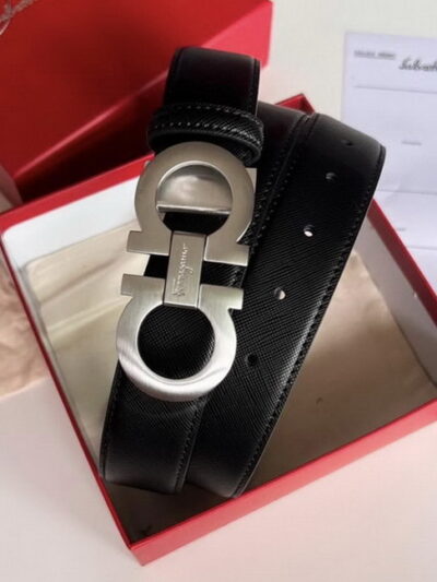 Salvatore Ferragamo Silver Buckel Mens Black Leather Belt Size 32-38 inches
