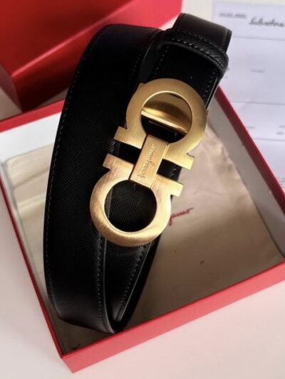 Salvatore Ferragamo Gold Buckel Men's Black Leather Belt Size 32-38 inches