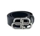 Balenciaga BB Logo Silver Buckle Black Leather Belt