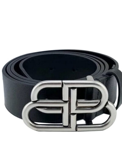 Balenciaga BB Logo Silver Buckle Black Leather Belt