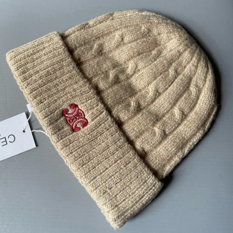 Celine Triomphe Logo Knit Wool Beanie Brown Hat