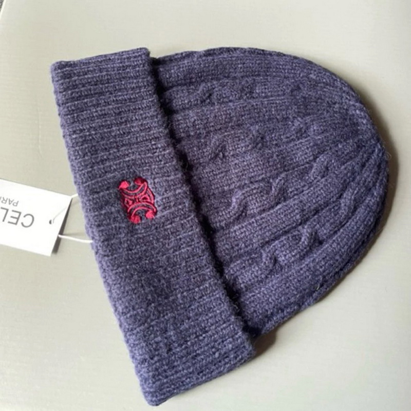 Celine Triomphe Logo Knit Wool Beanie Navy Hat
