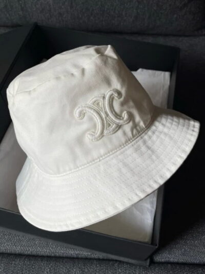 Celine Logo Triomphe Gabardine White Bucket Hat