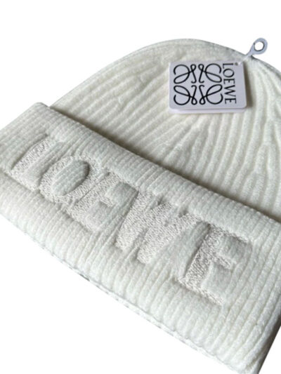 Loewe Logo Embroidery Beanie in Wool White Hat