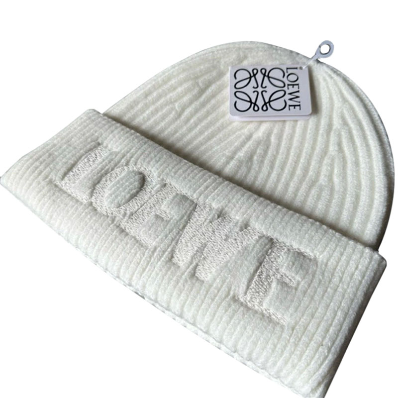 Loewe Logo Embroidery Beanie in Wool White Hat