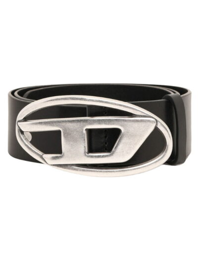 Diesel Silver D Logo Buckle Black Leather Belt