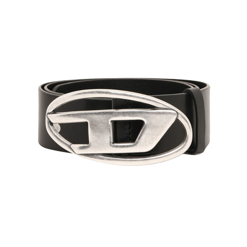 Diesel Silver D Logo Buckle Black Leather Belt