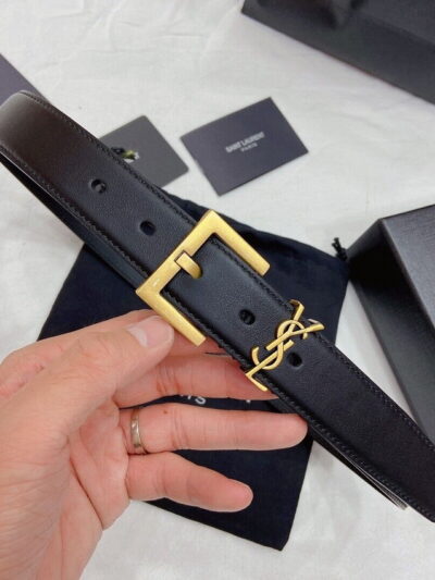 Women's Saint Laurent Ysl Logo Gold Black Leather Belt