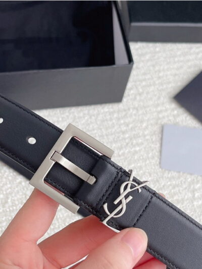 Saint Laurent Ysl Logo Silver Black Leather Belt